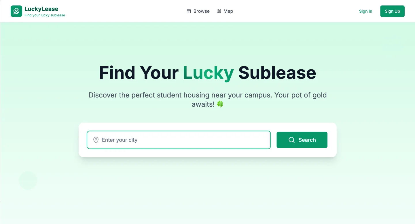 LuckyLease student housing homepage with city search